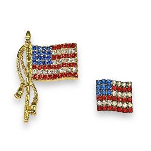 2 Vintage USA Flag Rhinestone Patriotic Brooch Pin Lot One Signed BAUER